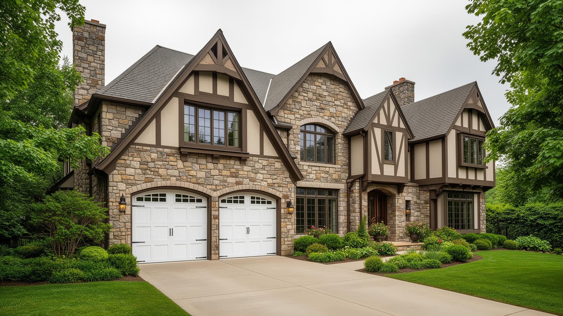 Beautiful Tudor-style home with white raised panel steel garage doors - professional garage door installation by Garage Door Silver Creek